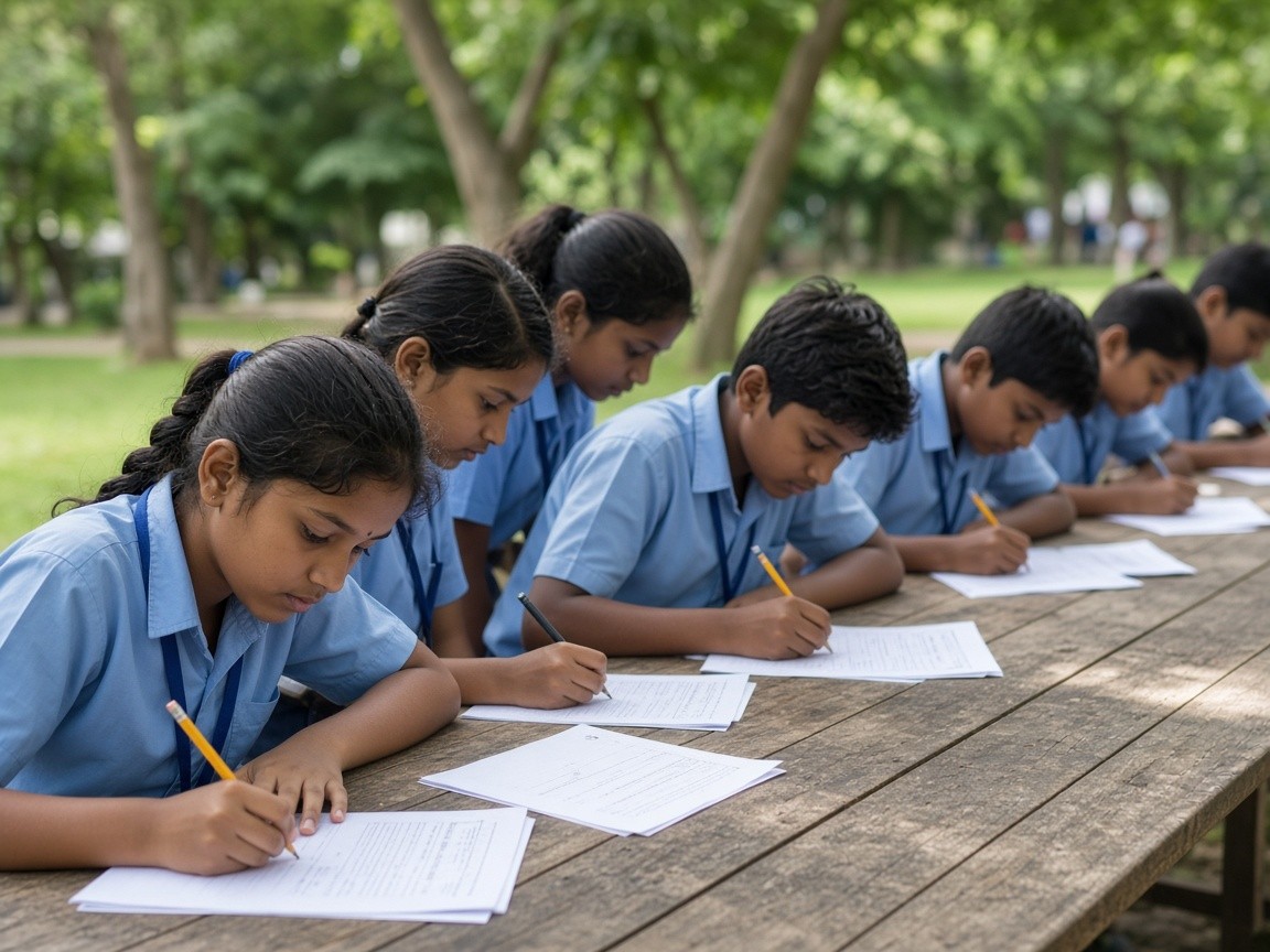 Students writing on worksheets outdoors
